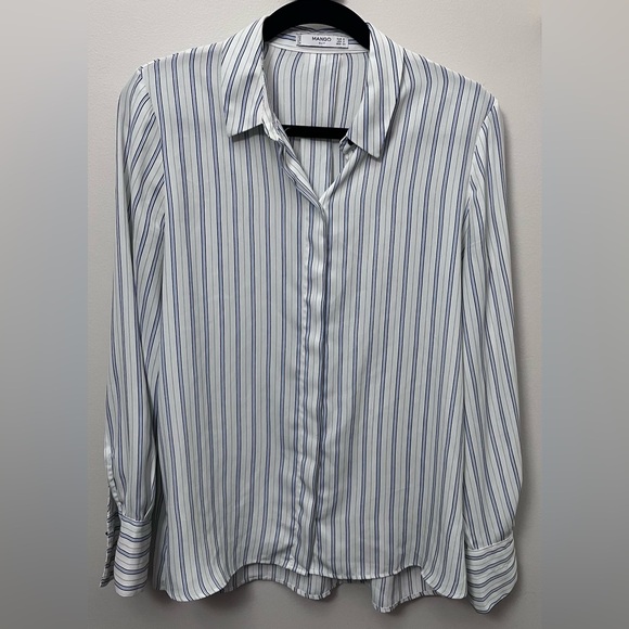 Mango Tops - Mango Women’s White and Blue Striped Button Down Shirt